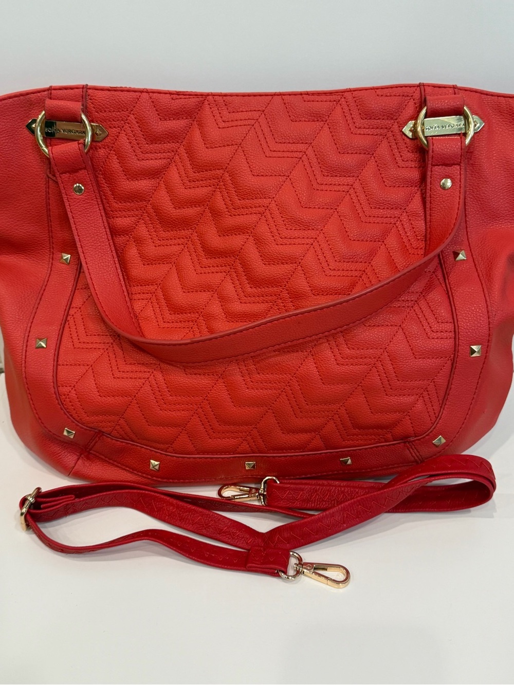 Red Quilted Tote Bag with Gold Accents